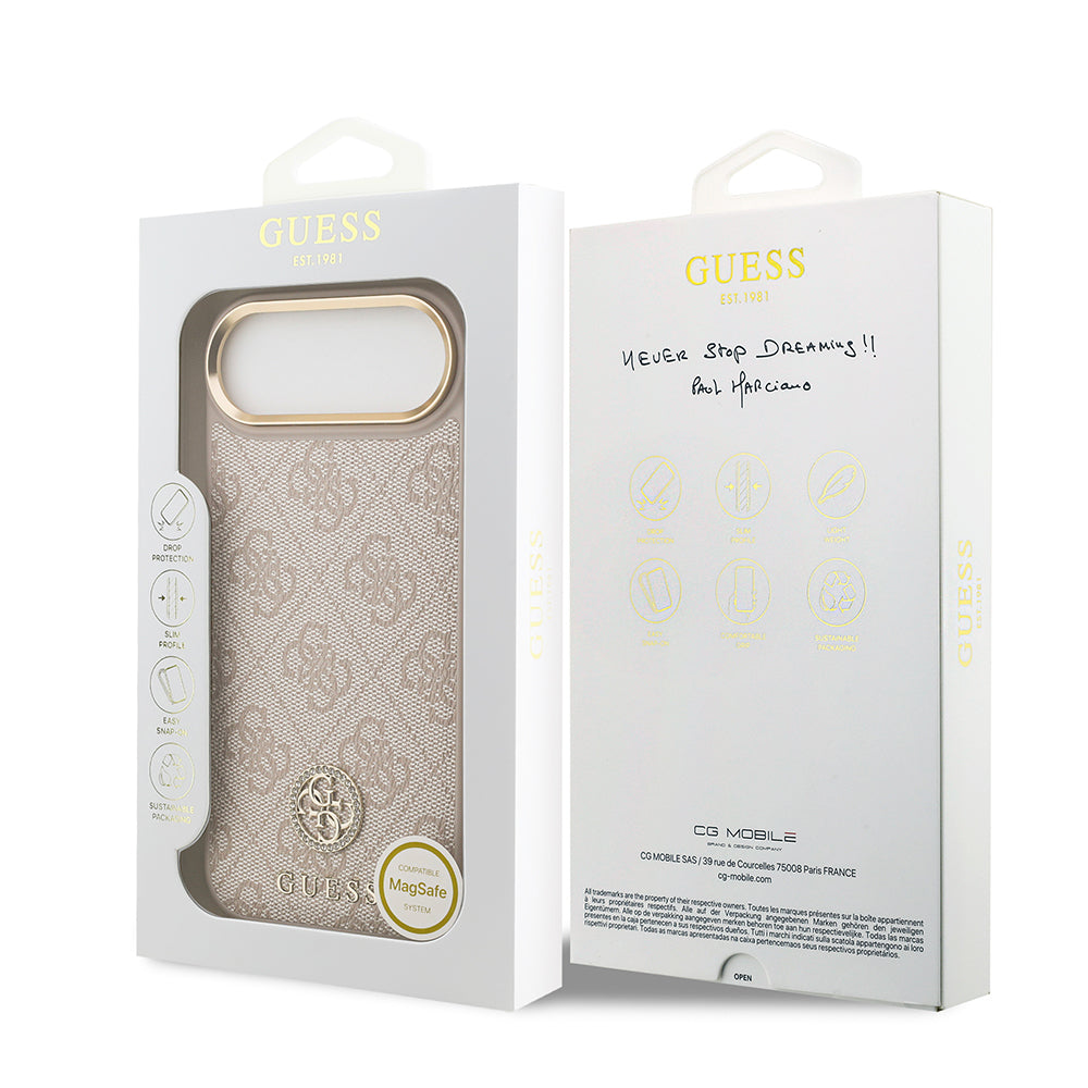 iPhone 17 Air Kılıf Guess Orjinal Lisanslı M-safe Şarj Özellikli Gold Metal Kamera Çerçeveli Taşlı 4G Logolu Kapak