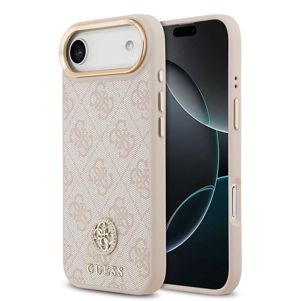 iPhone 17 Air Kılıf Guess Orjinal Lisanslı M-safe Şarj Özellikli Gold Metal Kamera Çerçeveli Taşlı 4G Logolu Kapak