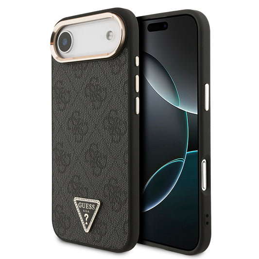 iPhone 17 Air Kılıf Guess Orjinal Lisanslı M-safe Şarj Özellikli Gold Metal Kamera Çerçeveli Taşlı Üçgen Logo 4G Desenli Kapak