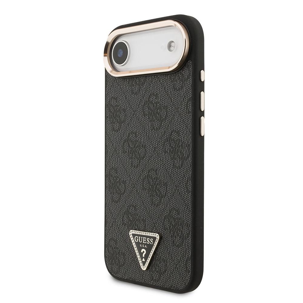iPhone 17 Air Kılıf Guess Orjinal Lisanslı M-safe Şarj Özellikli Gold Metal Kamera Çerçeveli Taşlı Üçgen Logo 4G Desenli Kapak