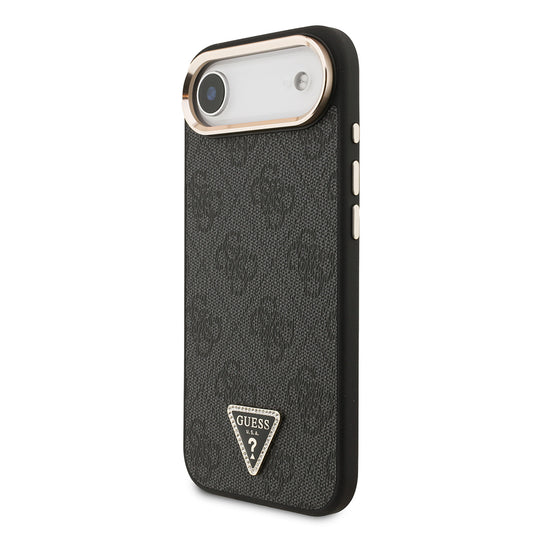 iPhone 17 Air Kılıf Guess Orjinal Lisanslı M-safe Şarj Özellikli Gold Metal Kamera Çerçeveli Taşlı Üçgen Logo 4G Desenli Kapak