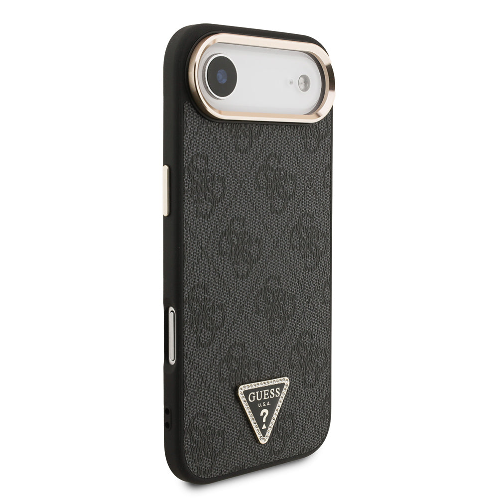 iPhone 17 Air Kılıf Guess Orjinal Lisanslı M-safe Şarj Özellikli Gold Metal Kamera Çerçeveli Taşlı Üçgen Logo 4G Desenli Kapak