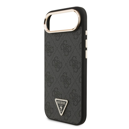 iPhone 17 Air Kılıf Guess Orjinal Lisanslı M-safe Şarj Özellikli Gold Metal Kamera Çerçeveli Taşlı Üçgen Logo 4G Desenli Kapak