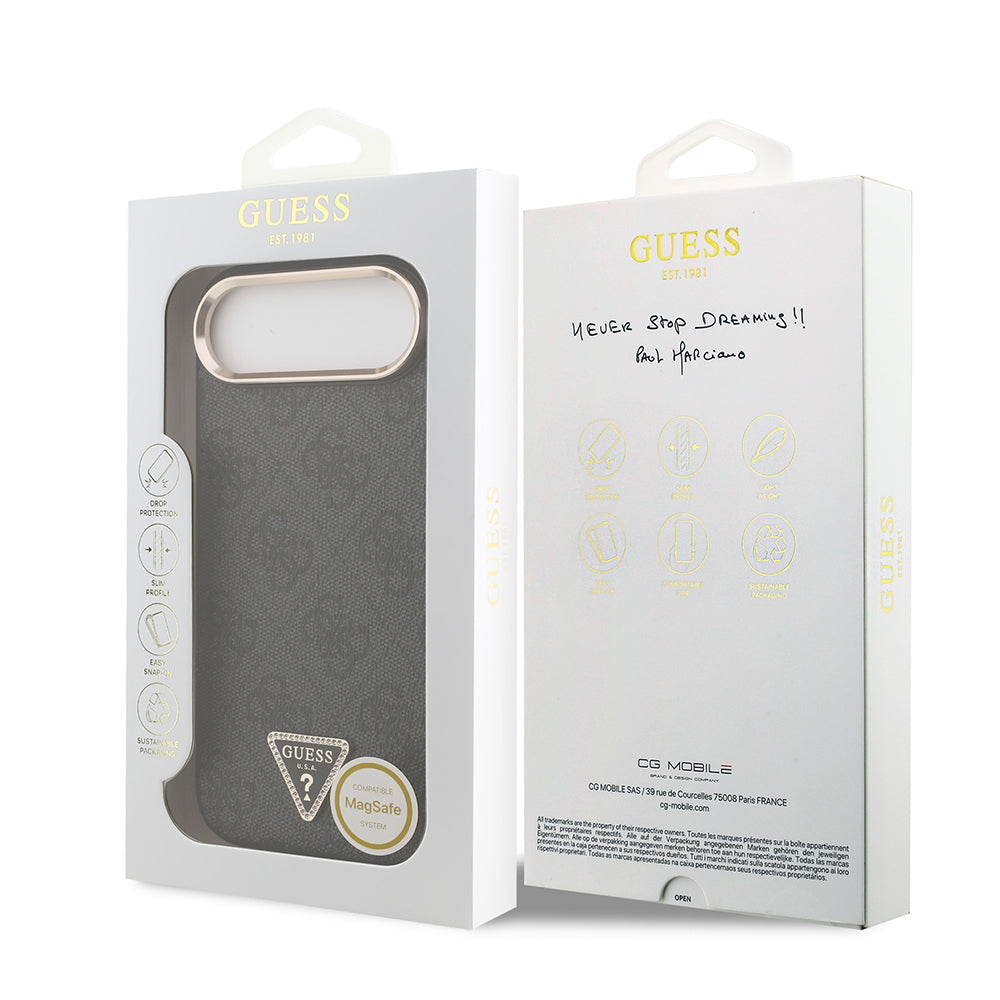 iPhone 17 Air Kılıf Guess Orjinal Lisanslı M-safe Şarj Özellikli Gold Metal Kamera Çerçeveli Taşlı Üçgen Logo 4G Desenli Kapak