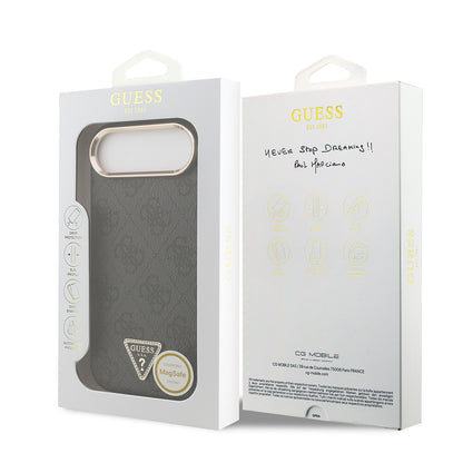 iPhone 17 Air Kılıf Guess Orjinal Lisanslı M-safe Şarj Özellikli Gold Metal Kamera Çerçeveli Taşlı Üçgen Logo 4G Desenli Kapak