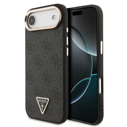 iPhone 17 Air Kılıf Guess Orjinal Lisanslı M-safe Şarj Özellikli Gold Metal Kamera Çerçeveli Taşlı Üçgen Logo 4G Desenli Kapak