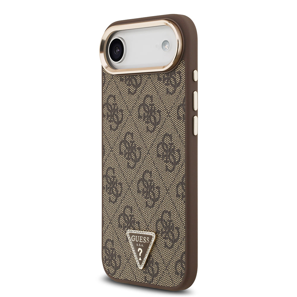 iPhone 17 Air Kılıf Guess Orjinal Lisanslı M-safe Şarj Özellikli Gold Metal Kamera Çerçeveli Taşlı Üçgen Logo 4G Desenli Kapak