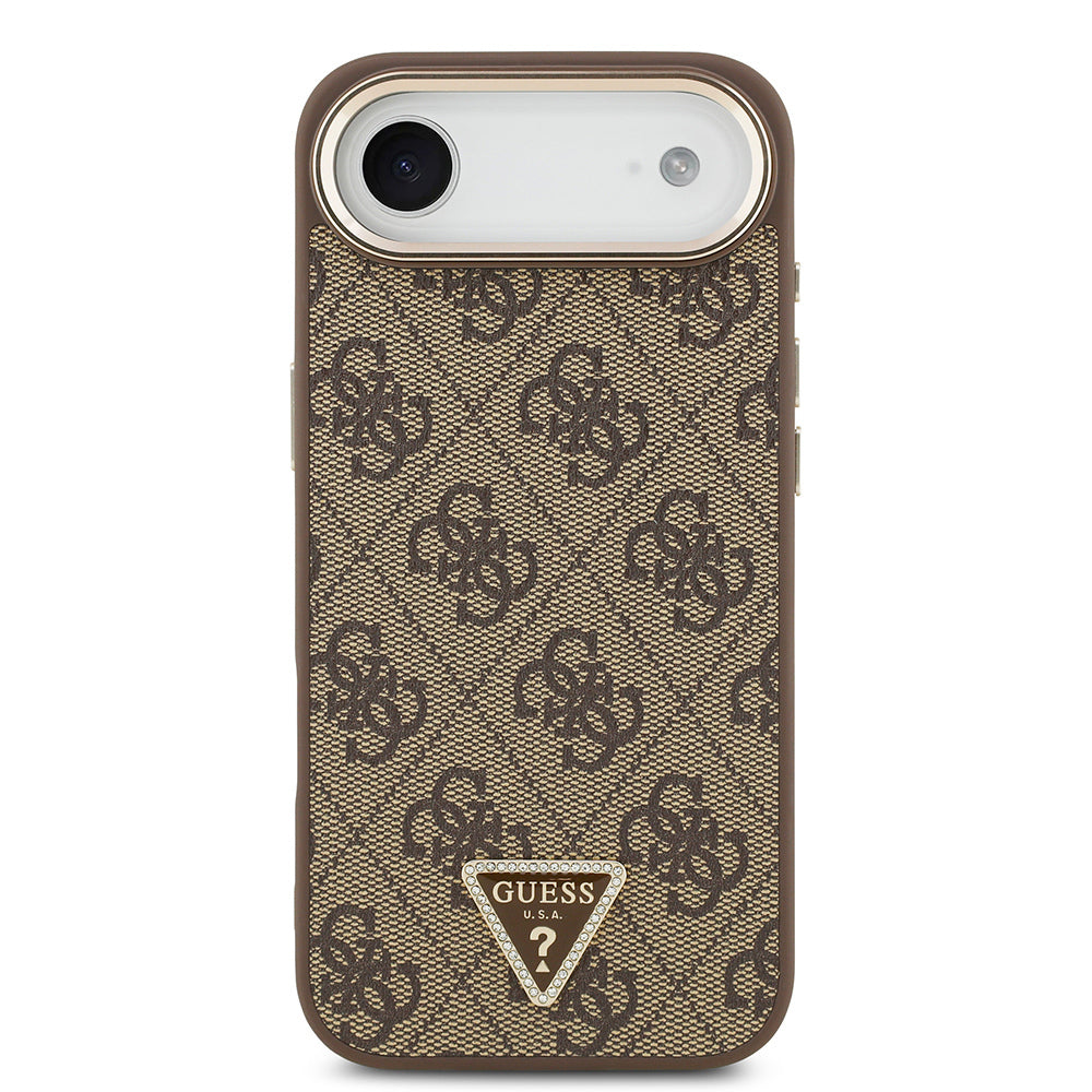 iPhone 17 Air Kılıf Guess Orjinal Lisanslı M-safe Şarj Özellikli Gold Metal Kamera Çerçeveli Taşlı Üçgen Logo 4G Desenli Kapak