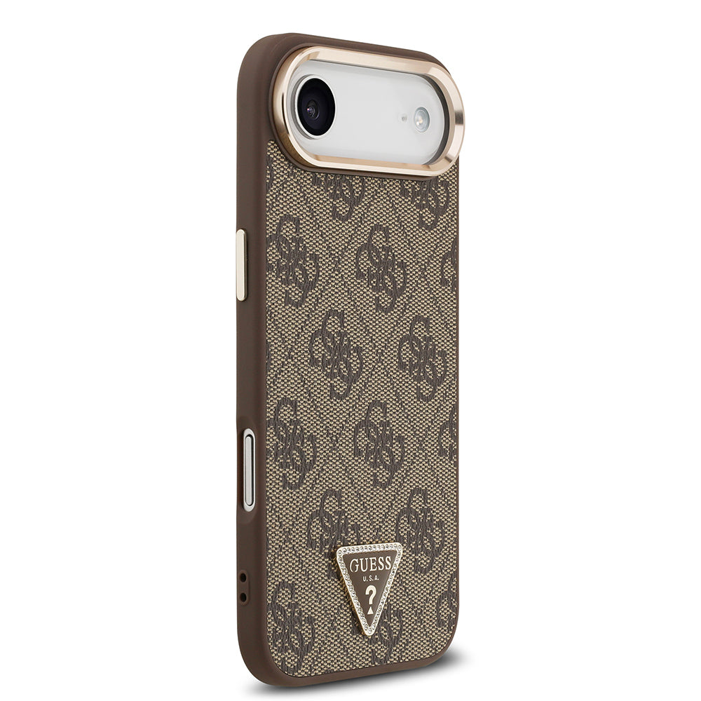 iPhone 17 Air Kılıf Guess Orjinal Lisanslı M-safe Şarj Özellikli Gold Metal Kamera Çerçeveli Taşlı Üçgen Logo 4G Desenli Kapak