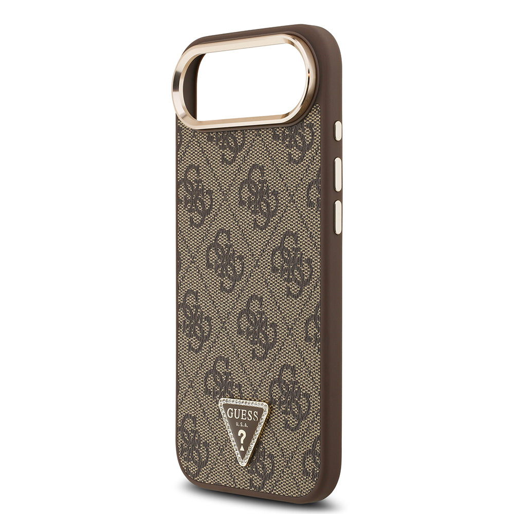 iPhone 17 Air Kılıf Guess Orjinal Lisanslı M-safe Şarj Özellikli Gold Metal Kamera Çerçeveli Taşlı Üçgen Logo 4G Desenli Kapak