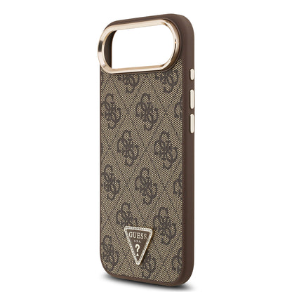 iPhone 17 Air Kılıf Guess Orjinal Lisanslı M-safe Şarj Özellikli Gold Metal Kamera Çerçeveli Taşlı Üçgen Logo 4G Desenli Kapak