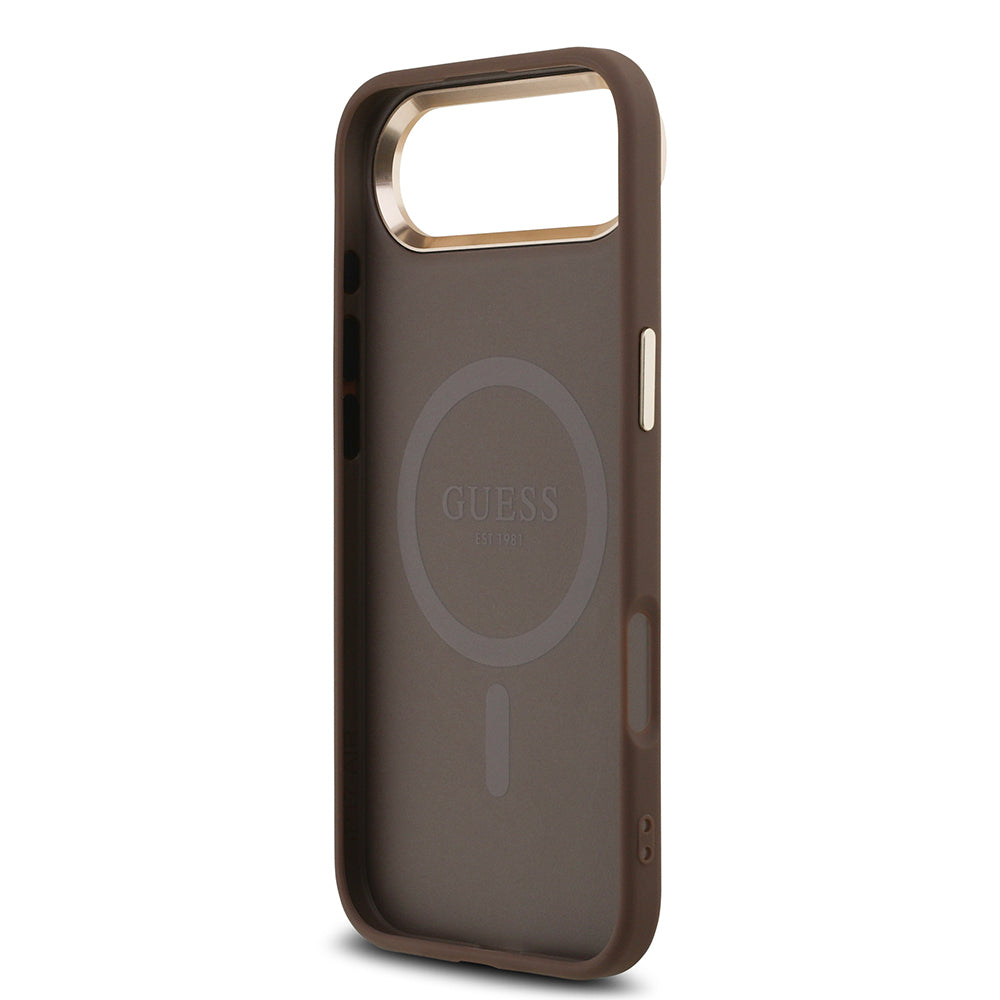iPhone 17 Air Kılıf Guess Orjinal Lisanslı M-safe Şarj Özellikli Gold Metal Kamera Çerçeveli Taşlı Üçgen Logo 4G Desenli Kapak