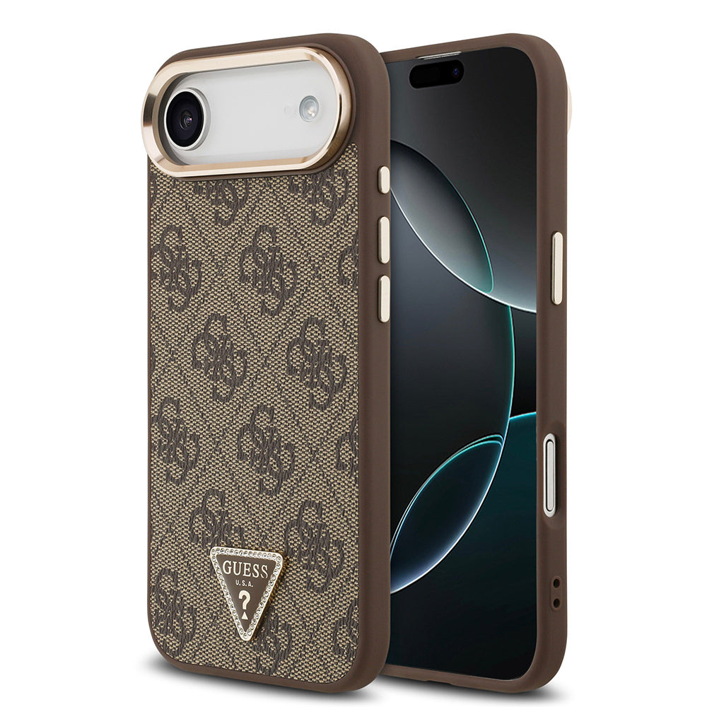 iPhone 17 Air Kılıf Guess Orjinal Lisanslı M-safe Şarj Özellikli Gold Metal Kamera Çerçeveli Taşlı Üçgen Logo 4G Desenli Kapak