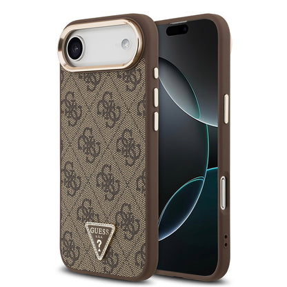 iPhone 17 Air Kılıf Guess Orjinal Lisanslı M-safe Şarj Özellikli Gold Metal Kamera Çerçeveli Taşlı Üçgen Logo 4G Desenli Kapak