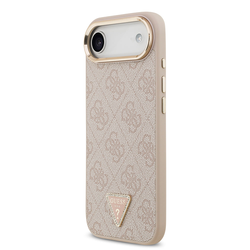 iPhone 17 Air Kılıf Guess Orjinal Lisanslı M-safe Şarj Özellikli Gold Metal Kamera Çerçeveli Taşlı Üçgen Logo 4G Desenli Kapak