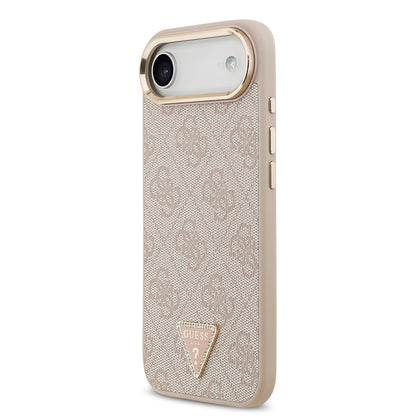 iPhone 17 Air Kılıf Guess Orjinal Lisanslı M-safe Şarj Özellikli Gold Metal Kamera Çerçeveli Taşlı Üçgen Logo 4G Desenli Kapak