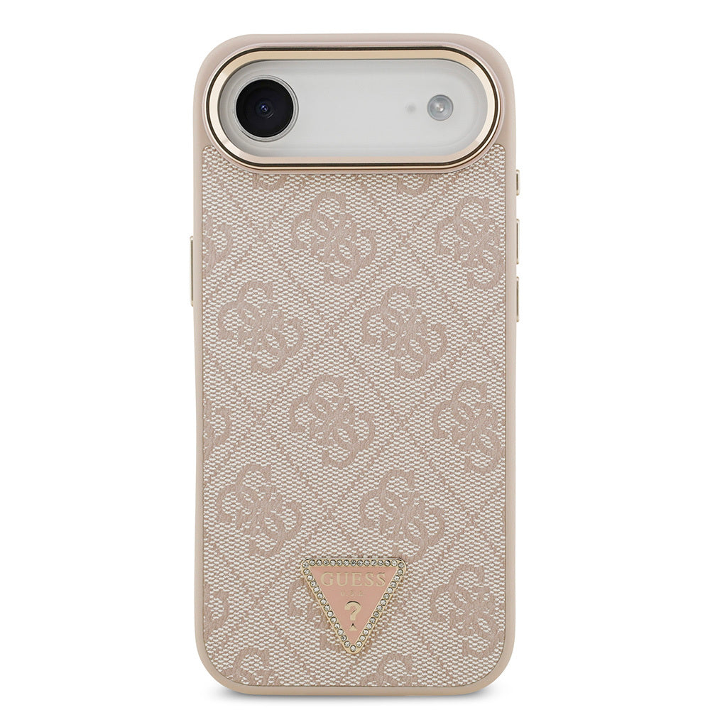 iPhone 17 Air Kılıf Guess Orjinal Lisanslı M-safe Şarj Özellikli Gold Metal Kamera Çerçeveli Taşlı Üçgen Logo 4G Desenli Kapak