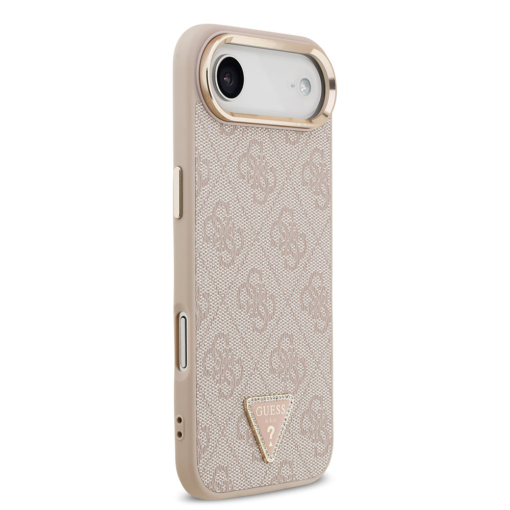 iPhone 17 Air Kılıf Guess Orjinal Lisanslı M-safe Şarj Özellikli Gold Metal Kamera Çerçeveli Taşlı Üçgen Logo 4G Desenli Kapak