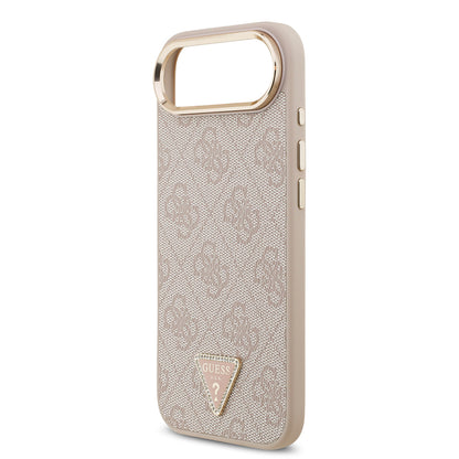iPhone 17 Air Kılıf Guess Orjinal Lisanslı M-safe Şarj Özellikli Gold Metal Kamera Çerçeveli Taşlı Üçgen Logo 4G Desenli Kapak