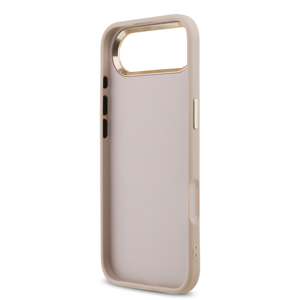 iPhone 17 Air Kılıf Guess Orjinal Lisanslı M-safe Şarj Özellikli Gold Metal Kamera Çerçeveli Taşlı Üçgen Logo 4G Desenli Kapak