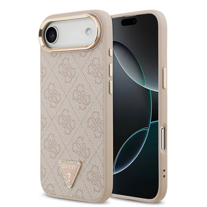 iPhone 17 Air Kılıf Guess Orjinal Lisanslı M-safe Şarj Özellikli Gold Metal Kamera Çerçeveli Taşlı Üçgen Logo 4G Desenli Kapak
