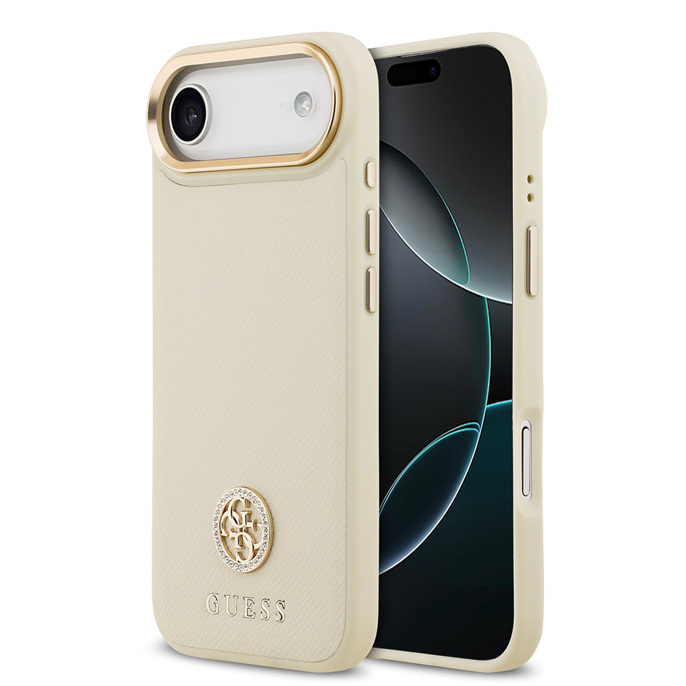 iPhone 17 Air Kılıf Guess Orjinal Lisanslı M-safe Şarj Özellikli Grained Yazı ve Taşlı 4G Logolu Kapak