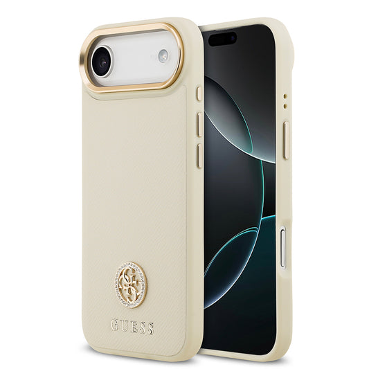 iPhone 17 Air Kılıf Guess Orjinal Lisanslı M-safe Şarj Özellikli Grained Yazı ve Taşlı 4G Logolu Kapak