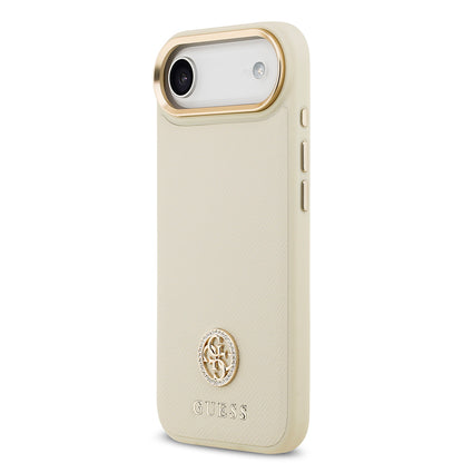 iPhone 17 Air Kılıf Guess Orjinal Lisanslı M-safe Şarj Özellikli Grained Yazı ve Taşlı 4G Logolu Kapak