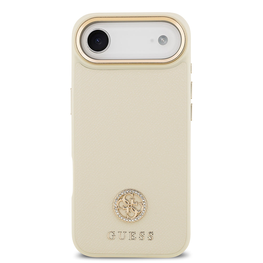 iPhone 17 Air Kılıf Guess Orjinal Lisanslı M-safe Şarj Özellikli Grained Yazı ve Taşlı 4G Logolu Kapak