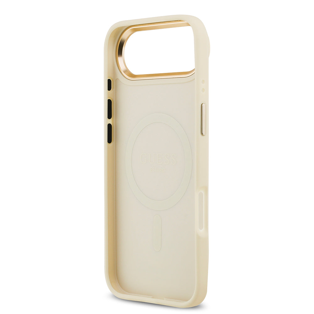 iPhone 17 Air Kılıf Guess Orjinal Lisanslı M-safe Şarj Özellikli Grained Yazı ve Taşlı 4G Logolu Kapak