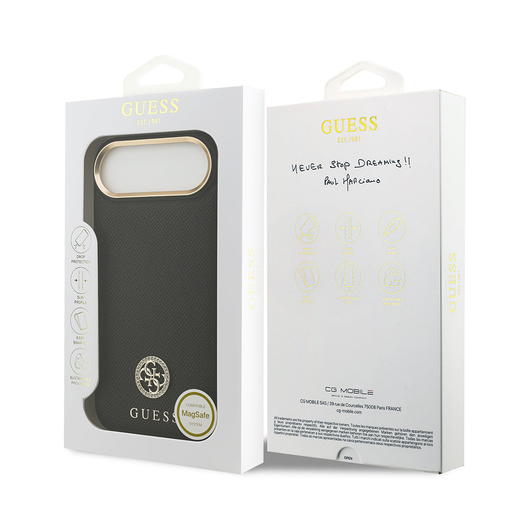 iPhone 17 Air Kılıf Guess Orjinal Lisanslı M-safe Şarj Özellikli Grained Yazı ve Taşlı 4G Logolu Kapak