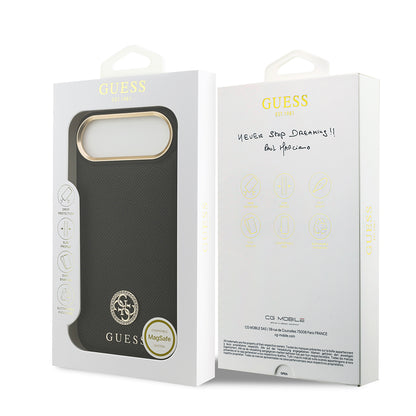 iPhone 17 Air Kılıf Guess Orjinal Lisanslı M-safe Şarj Özellikli Grained Yazı ve Taşlı 4G Logolu Kapak