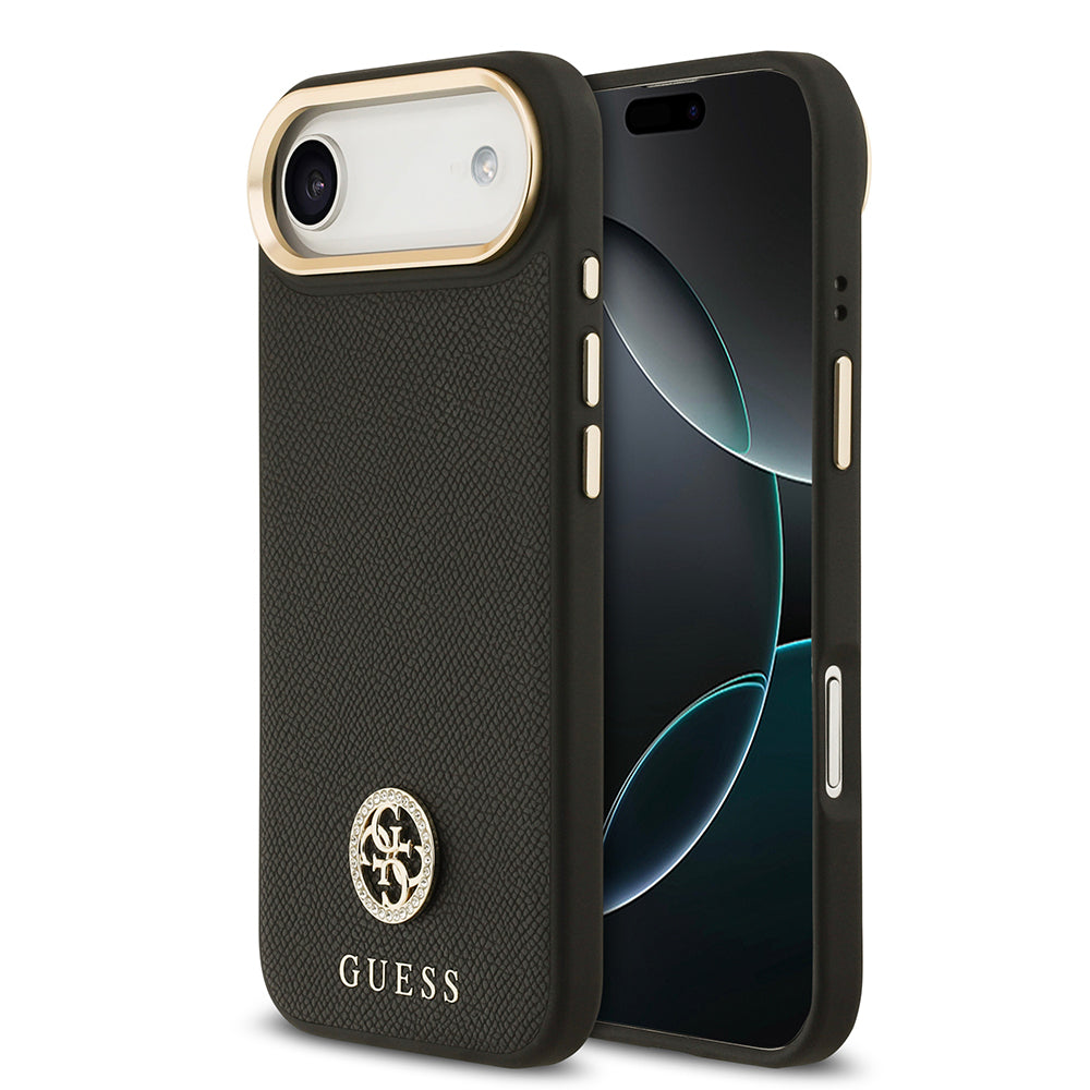 iPhone 17 Air Kılıf Guess Orjinal Lisanslı M-safe Şarj Özellikli Grained Yazı ve Taşlı 4G Logolu Kapak