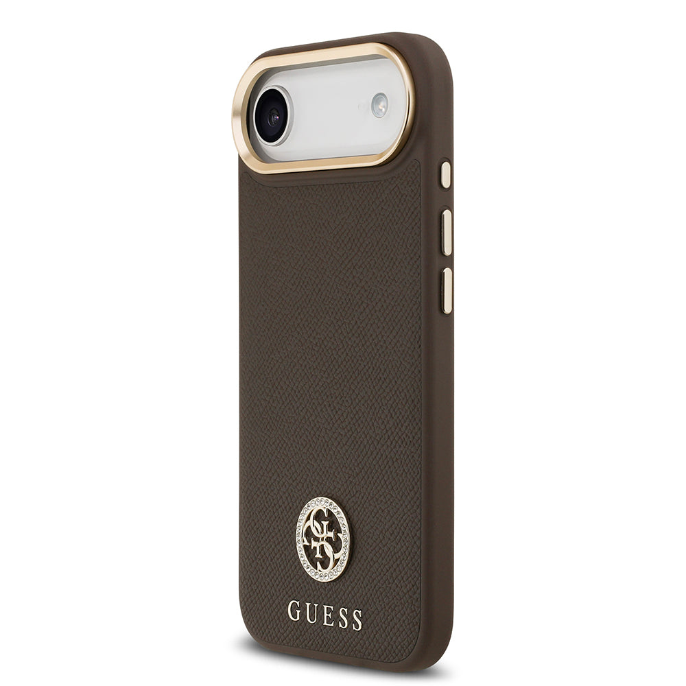 iPhone 17 Air Kılıf Guess Orjinal Lisanslı M-safe Şarj Özellikli Grained Yazı ve Taşlı 4G Logolu Kapak