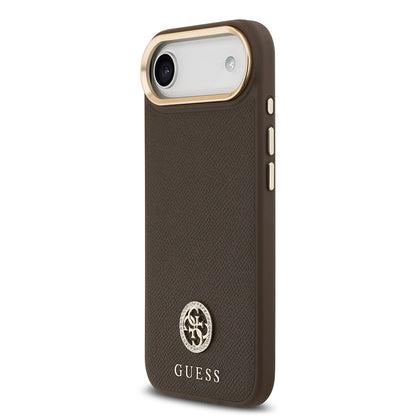 iPhone 17 Air Kılıf Guess Orjinal Lisanslı M-safe Şarj Özellikli Grained Yazı ve Taşlı 4G Logolu Kapak