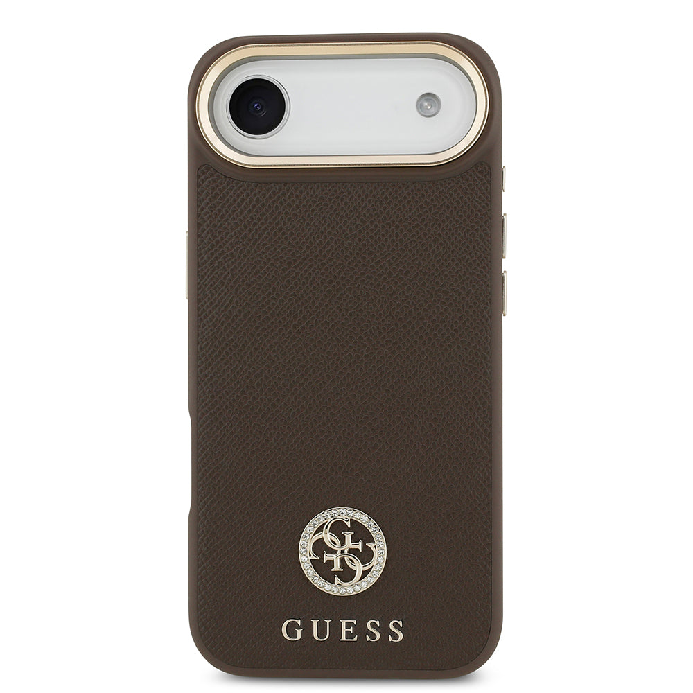 iPhone 17 Air Kılıf Guess Orjinal Lisanslı M-safe Şarj Özellikli Grained Yazı ve Taşlı 4G Logolu Kapak