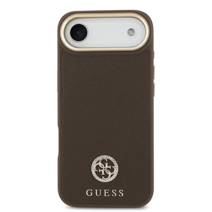 iPhone 17 Air Kılıf Guess Orjinal Lisanslı M-safe Şarj Özellikli Grained Yazı ve Taşlı 4G Logolu Kapak