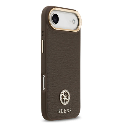 iPhone 17 Air Kılıf Guess Orjinal Lisanslı M-safe Şarj Özellikli Grained Yazı ve Taşlı 4G Logolu Kapak