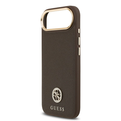 iPhone 17 Air Kılıf Guess Orjinal Lisanslı M-safe Şarj Özellikli Grained Yazı ve Taşlı 4G Logolu Kapak