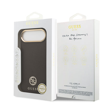 iPhone 17 Air Kılıf Guess Orjinal Lisanslı M-safe Şarj Özellikli Grained Yazı ve Taşlı 4G Logolu Kapak