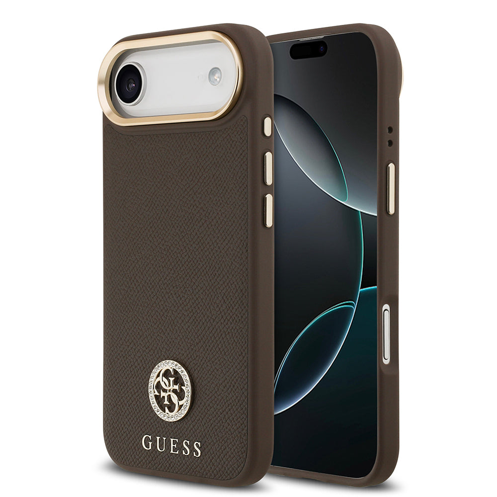iPhone 17 Air Kılıf Guess Orjinal Lisanslı M-safe Şarj Özellikli Grained Yazı ve Taşlı 4G Logolu Kapak