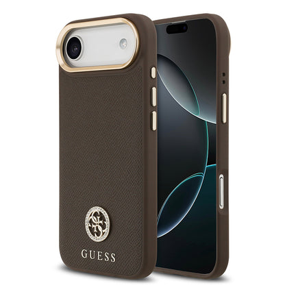 iPhone 17 Air Kılıf Guess Orjinal Lisanslı M-safe Şarj Özellikli Grained Yazı ve Taşlı 4G Logolu Kapak
