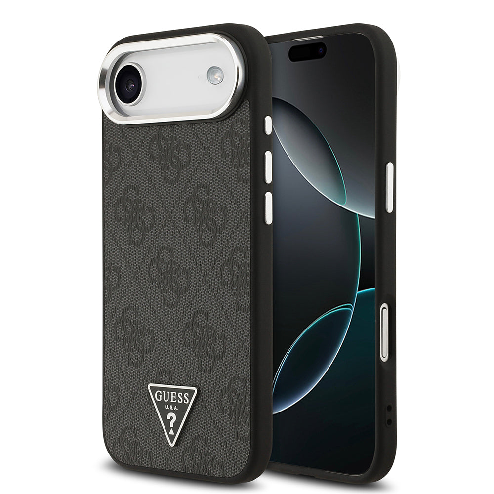 iPhone 17 Air Kılıf Guess Orjinal Lisanslı M-safe Şarj Özellikli Gümüş Metal Kamera Çerçeveli Üçgen Logo 4G Desenli Kapak