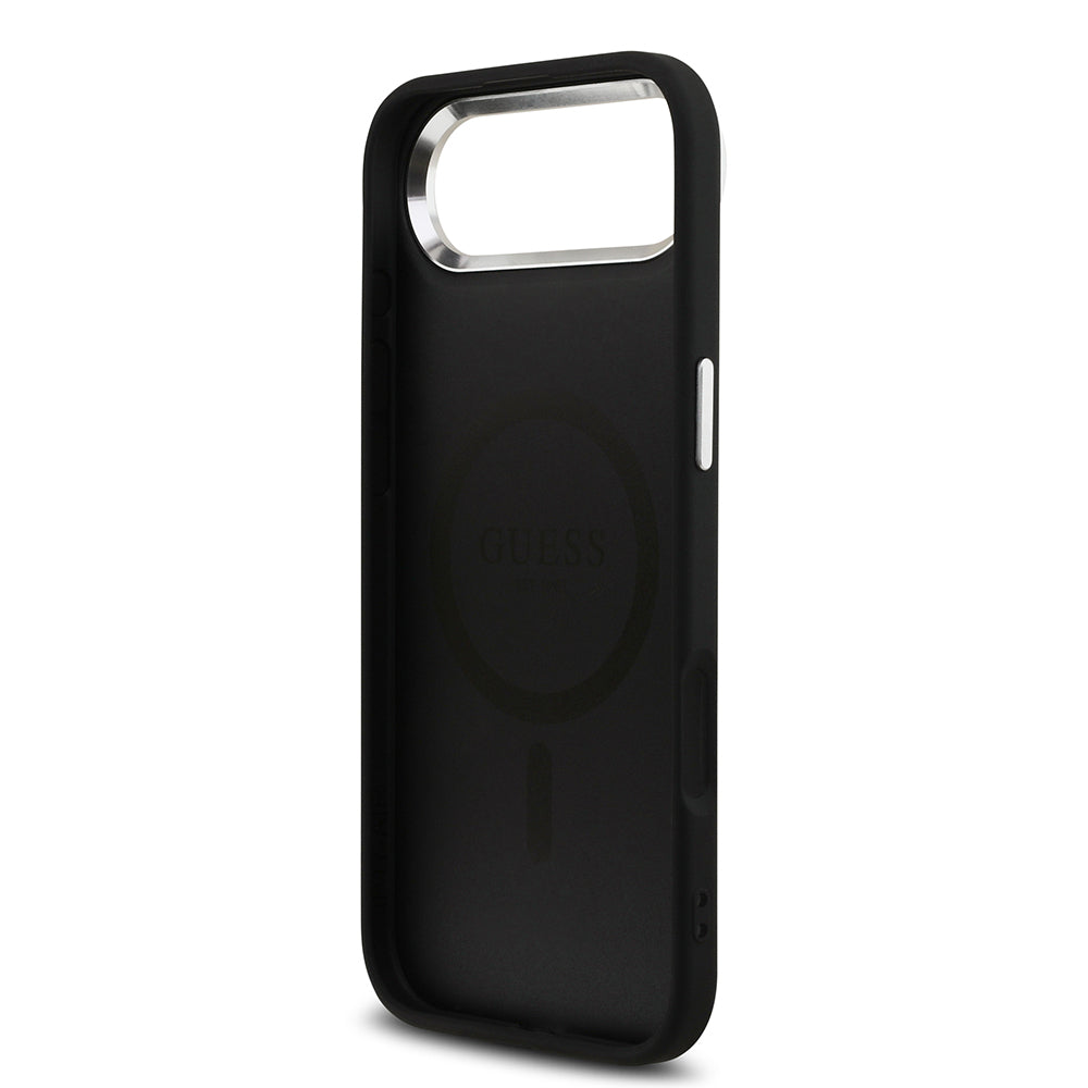 iPhone 17 Air Kılıf Guess Orjinal Lisanslı M-safe Şarj Özellikli Gümüş Metal Kamera Çerçeveli Üçgen Logo 4G Desenli Kapak