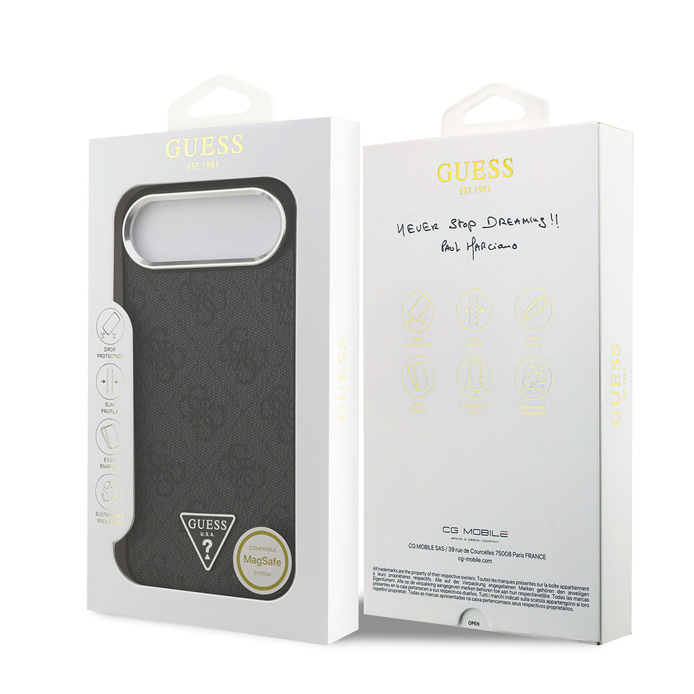 iPhone 17 Air Kılıf Guess Orjinal Lisanslı M-safe Şarj Özellikli Gümüş Metal Kamera Çerçeveli Üçgen Logo 4G Desenli Kapak