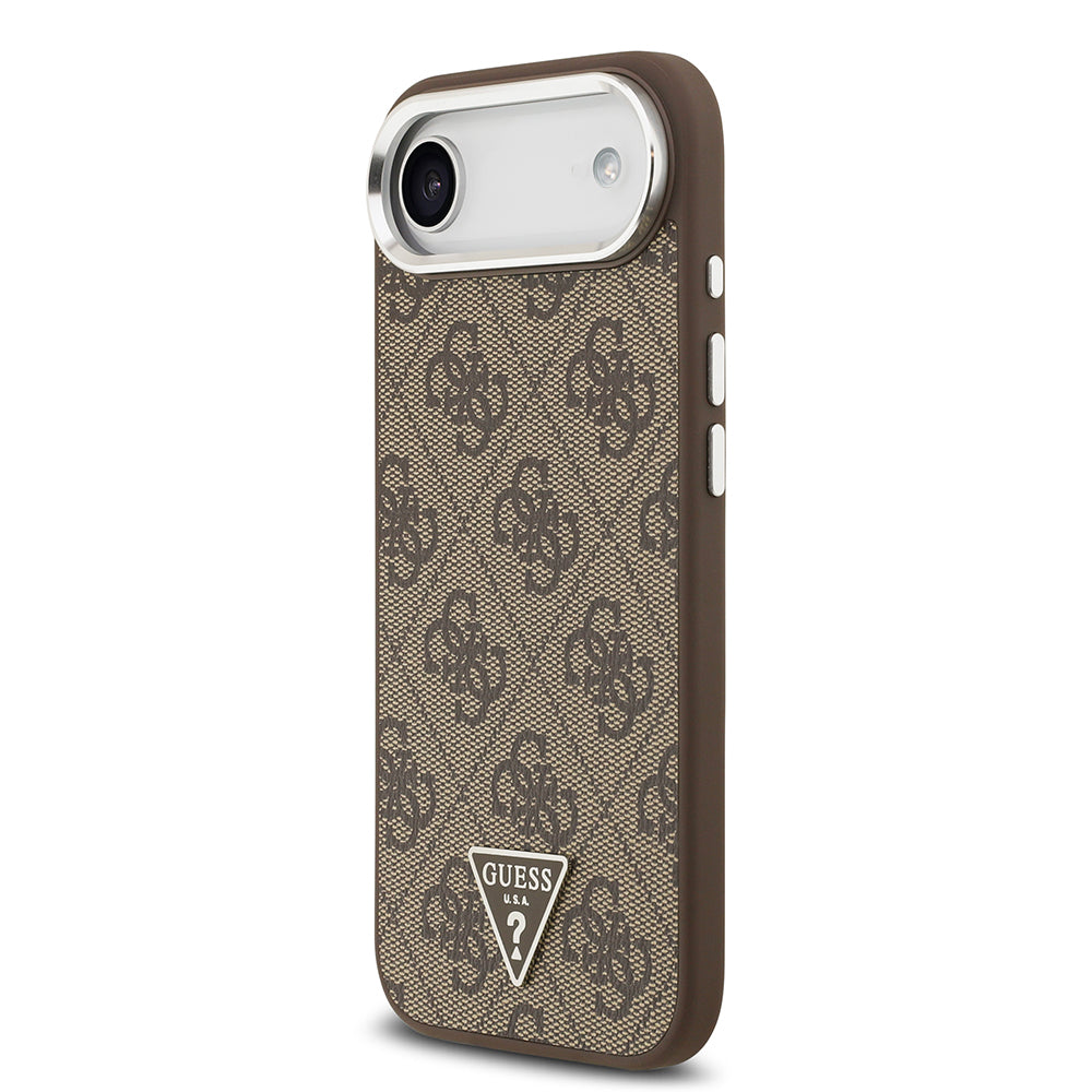 iPhone 17 Air Kılıf Guess Orjinal Lisanslı M-safe Şarj Özellikli Gümüş Metal Kamera Çerçeveli Üçgen Logo 4G Desenli Kapak