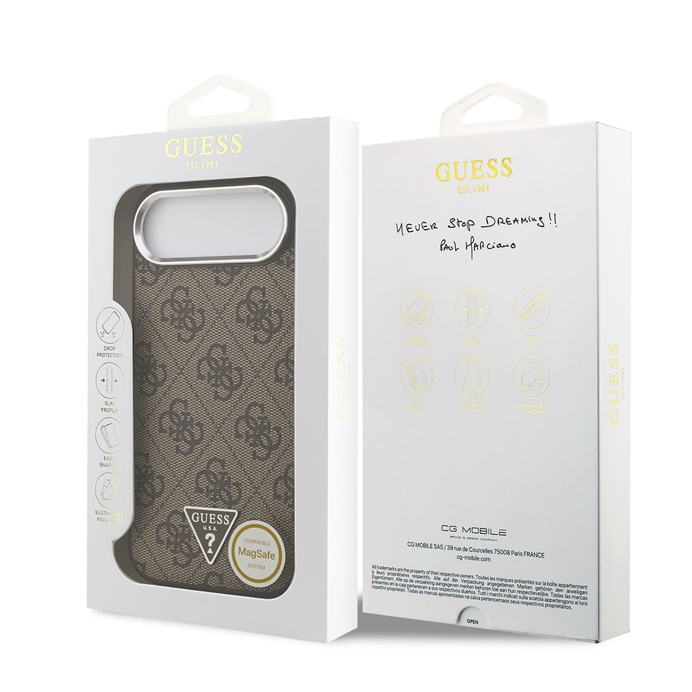 iPhone 17 Air Kılıf Guess Orjinal Lisanslı M-safe Şarj Özellikli Gümüş Metal Kamera Çerçeveli Üçgen Logo 4G Desenli Kapak