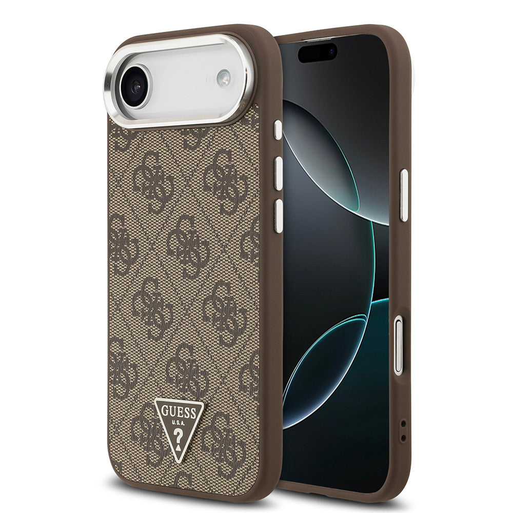 iPhone 17 Air Kılıf Guess Orjinal Lisanslı M-safe Şarj Özellikli Gümüş Metal Kamera Çerçeveli Üçgen Logo 4G Desenli Kapak