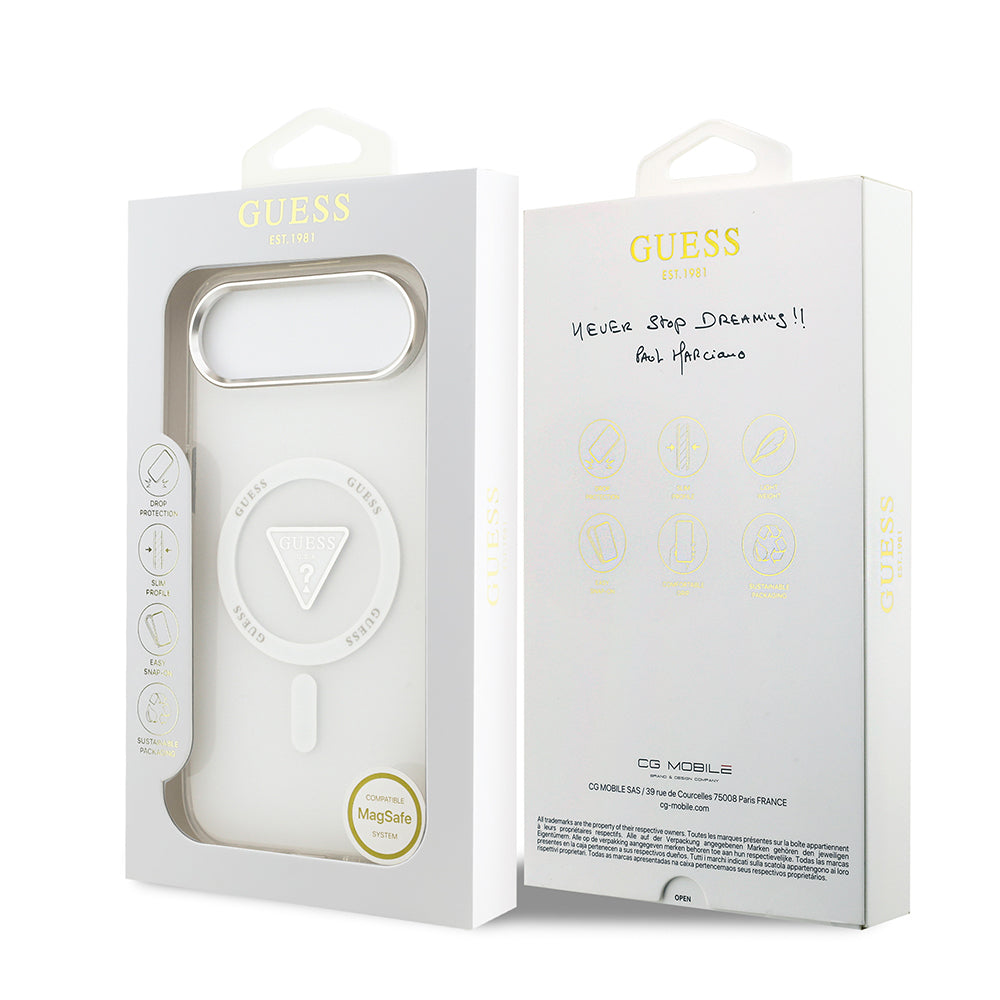 iPhone 17 Air Kılıf Guess Orjinal Lisanslı M-safe Şarj Özellikli IML Baskılı Üçgen Logolu Metal Kamera Çerçeveli Kapak