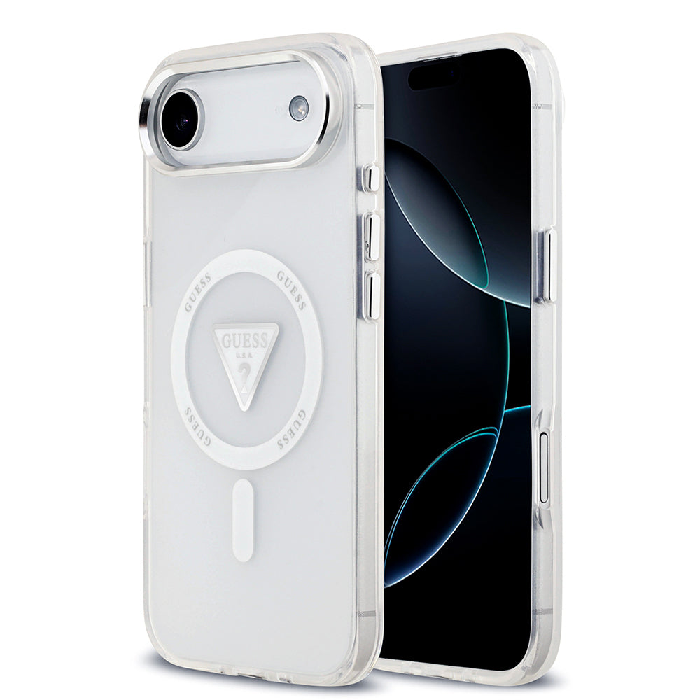 iPhone 17 Air Kılıf Guess Orjinal Lisanslı M-safe Şarj Özellikli IML Baskılı Üçgen Logolu Metal Kamera Çerçeveli Kapak